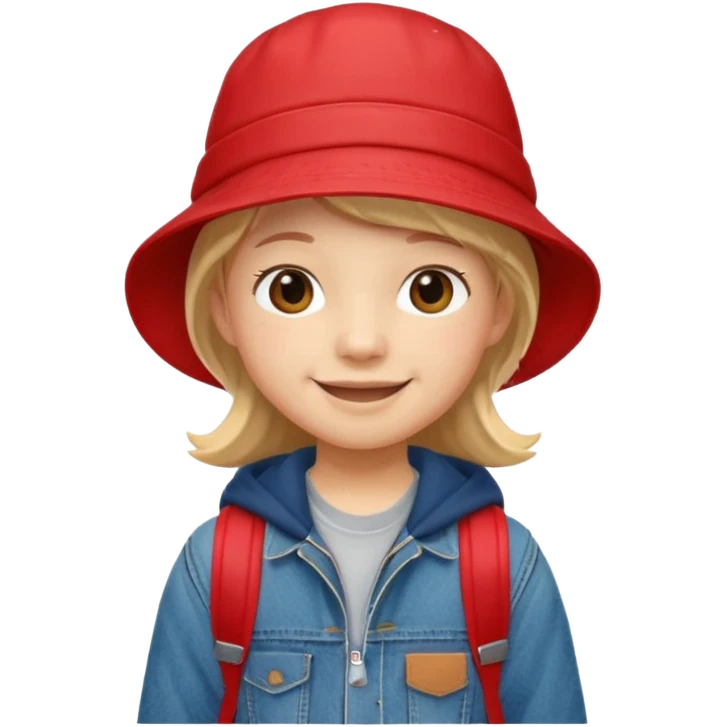 A little student with red bucket hat, jean jacket, backpack emoji