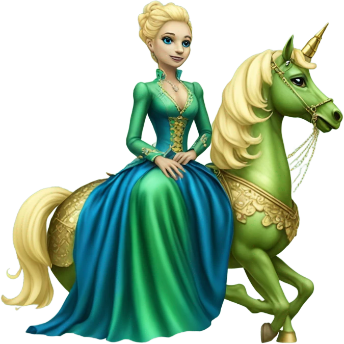 "galora green blonde alien woman" in blue Victorian dress elegant, full body, on gold unicorn emoji