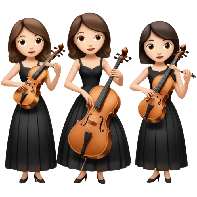 Create an imagine of three brunette women playing string instruments in black dresses, the first is playing a cello, the second is playing a viola and the third is playing the violin emoji