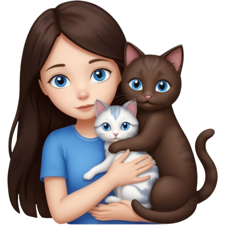 a pretty girl with long dark 
brown hair, with blue eyes, hugs 3 different natural coloured small cats emoji