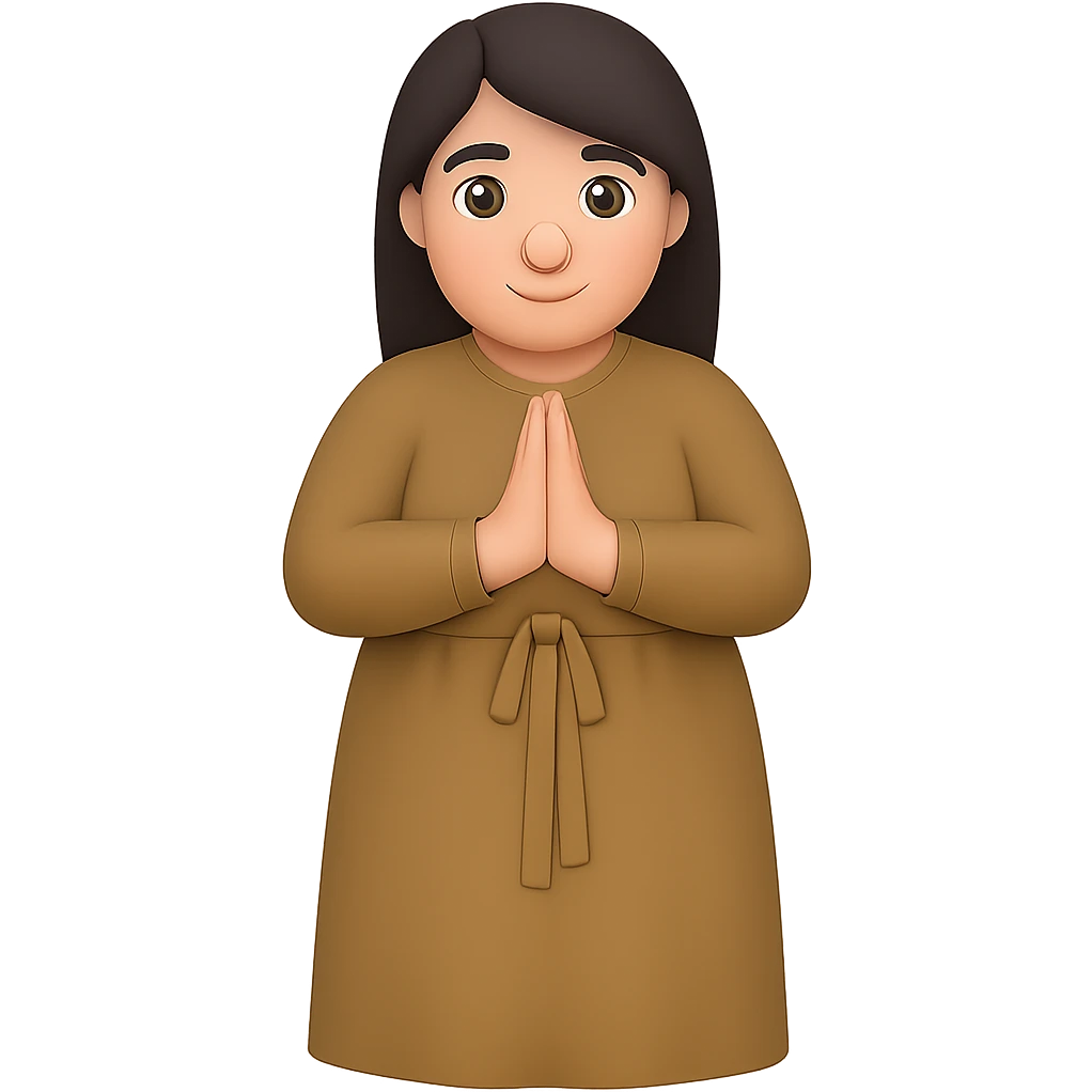 Make the woman a little thicker (not very thin), standing and praying from the front view, wearing a long tan dress, with dark brown hair, in emoji style, with no background. emoji