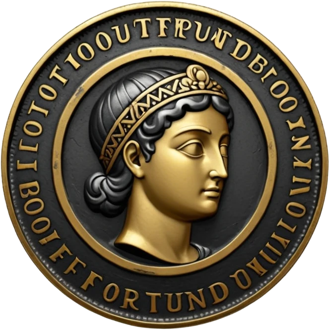 Emoji style, ancient coin made of blackened metal, “FORTUNA” engraved in refined fashion typography, heavy form, subtle worn metal texture, avant-garde editorial aesthetic, no glow, no neon, flat emoji design, centered, transparent background emoji
