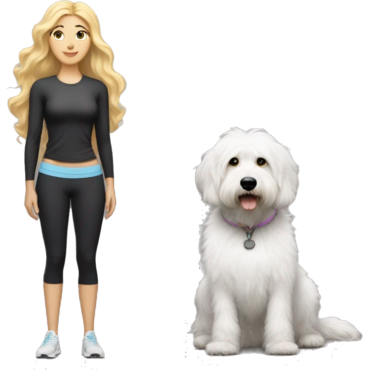 white woman with long blonde hair and cat shaped eyes wearing a yoga outfit standing alongside a black and white colored bernadoodle dog emoji