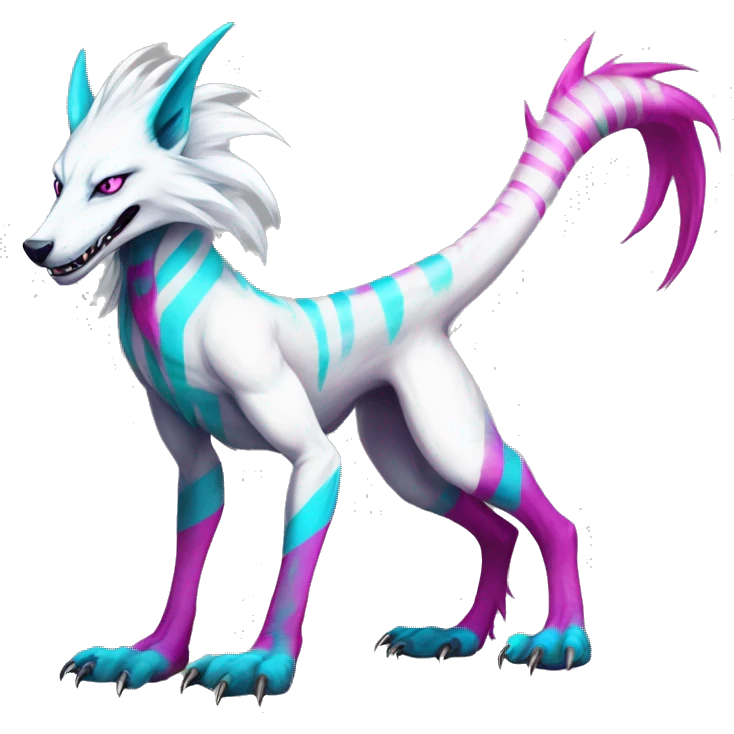 White badass elegant wild beautiful natural cute badass epic anthro modern albino sergal-vernid-creature with cyan mane and magenta eyes with cyan edgy stripes, full body emoji