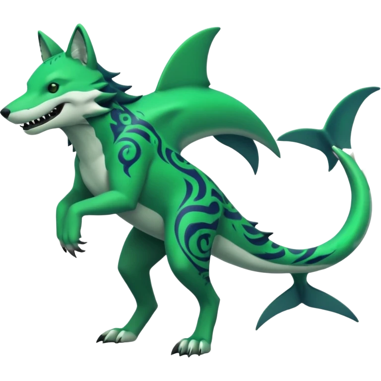 Edgy cool badass Neon-green landhai-sergal-wolf, with a shark tail, with black and dark-green swirly patterns markings emoji
