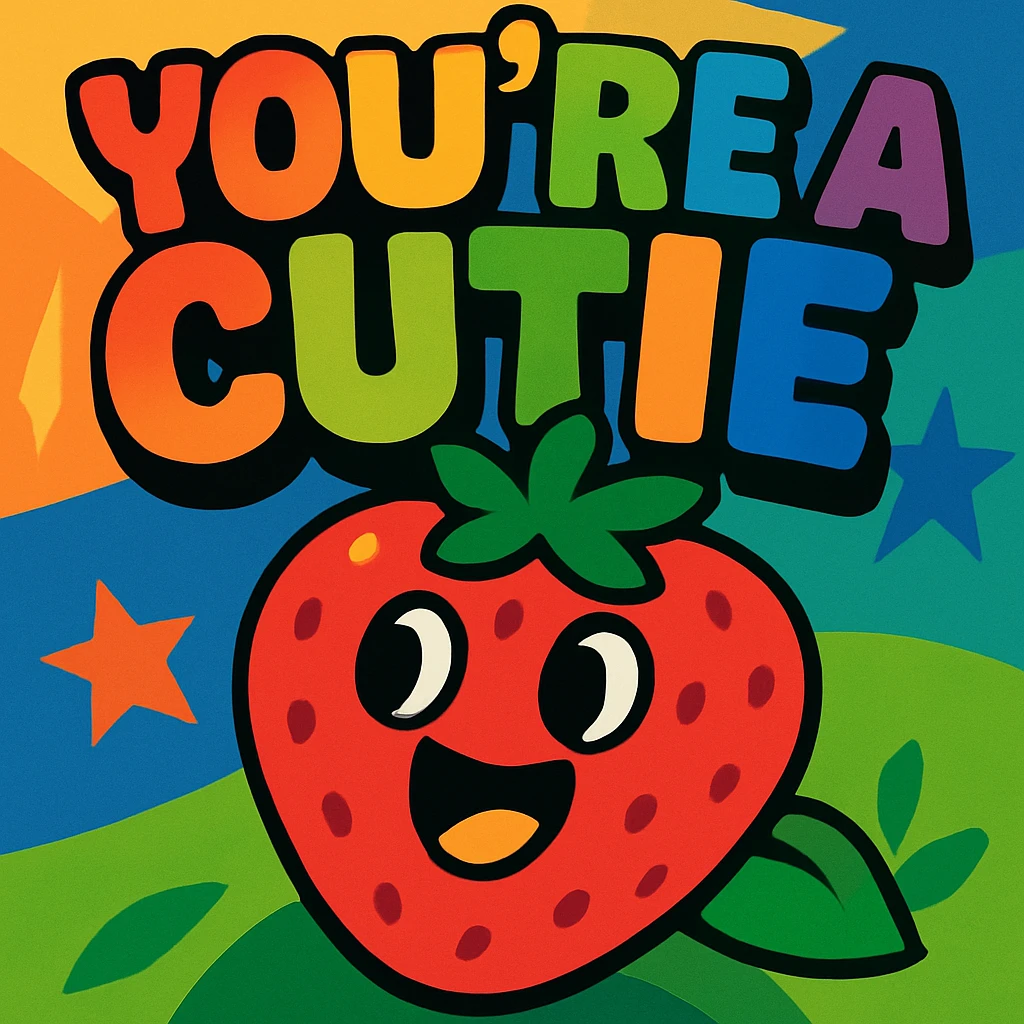the phrase "you're a cutie" in rainbow gradient, super bold and bubbly font, energetic and joyful look emoji