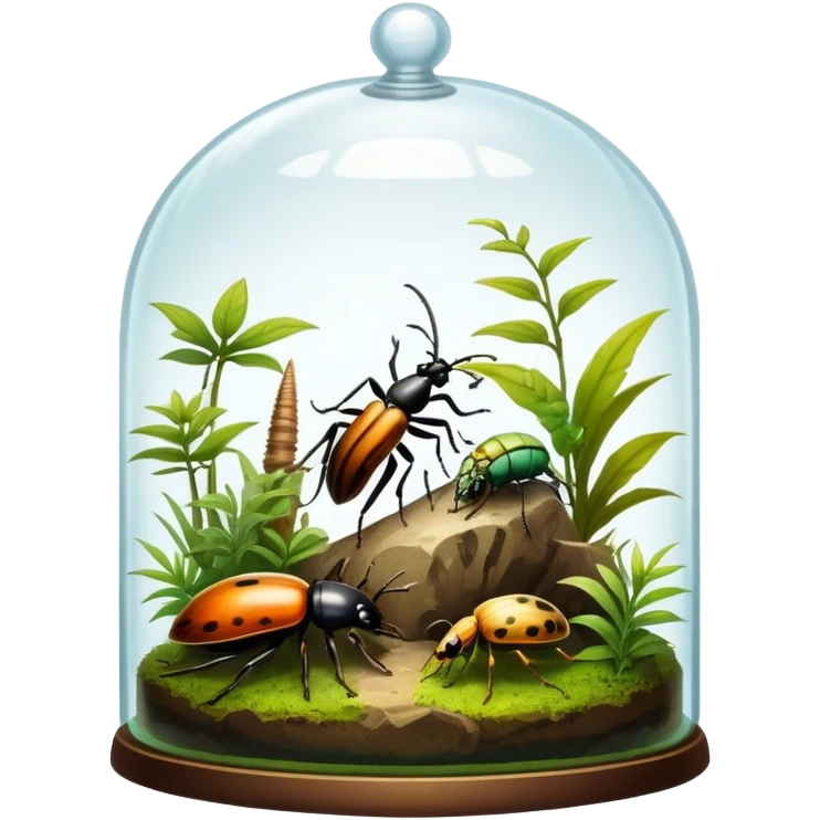 Close-up of home insects in a terrarium, showcasing beetles, praying mantises, and other exotic species in vivid detail, with natural textures of the terrarium. Soft lighting highlights their features. Transparent background. emoji