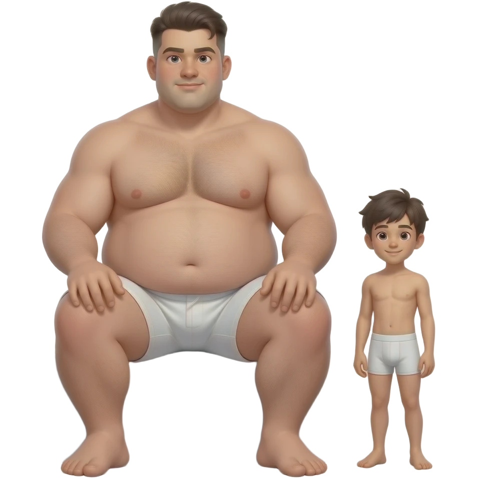 Strong very tall very wide ultra very very fat teen, gigantic big dick, cool hairstyle, cool fade,, large dick, large feet, large dick, full body, fat, sitting on the tiny boy's head, in white boxers, standing next to a short weak thin boy tiny dick underwear 🩲 emoji