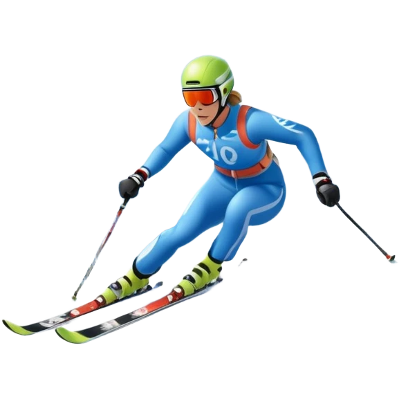 An icon featuring a skier racing down a snow-covered slope, surrounded by snowy peaks, pine trees, and a picturesque mountain landscape. The sky is blue with soft clouds, capturing the thrill and beauty of alpine skiing. Transparent background highlights the excitement and serenity of winter sports. emoji