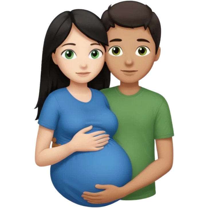 Make a couple emoji they are 18. The girl has long black hair and blue eyes and is hugging a pregnant boy with brown hair and green eyes they are both wearing the same colour top.  emoji
