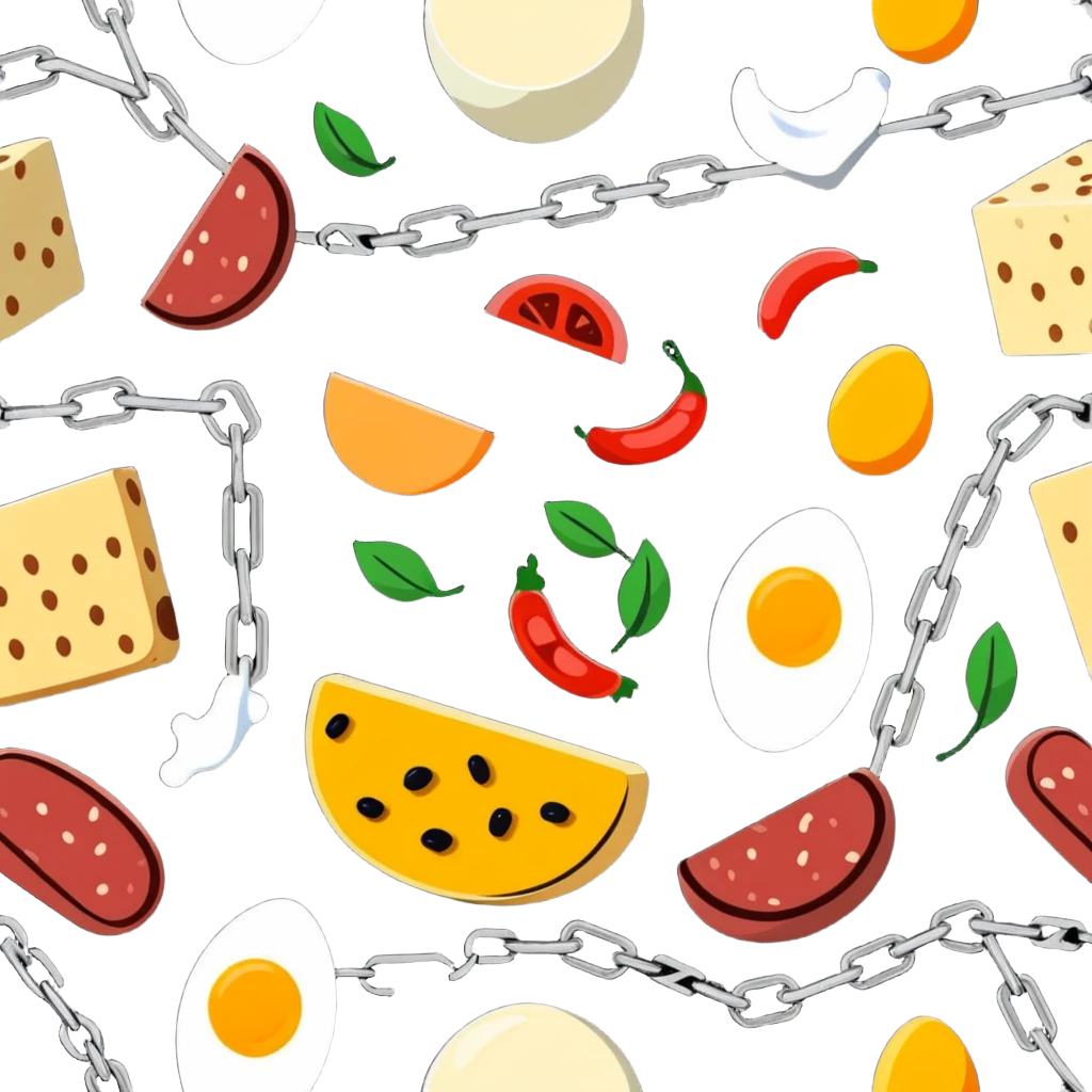Close up of vibrant protein foods (meat, egg, beans, tofu, yogurt) connected in a chain or cluster, glowing and unified, floating together in a warm light. emoji