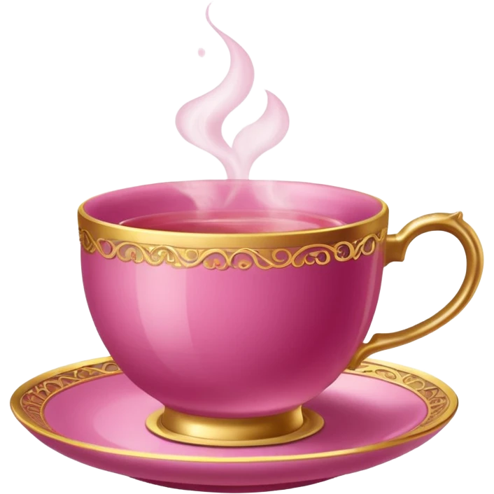 dark pink teacup, placed on a matching pink saucer, with gentle steam rising from the cup, golden details emoji