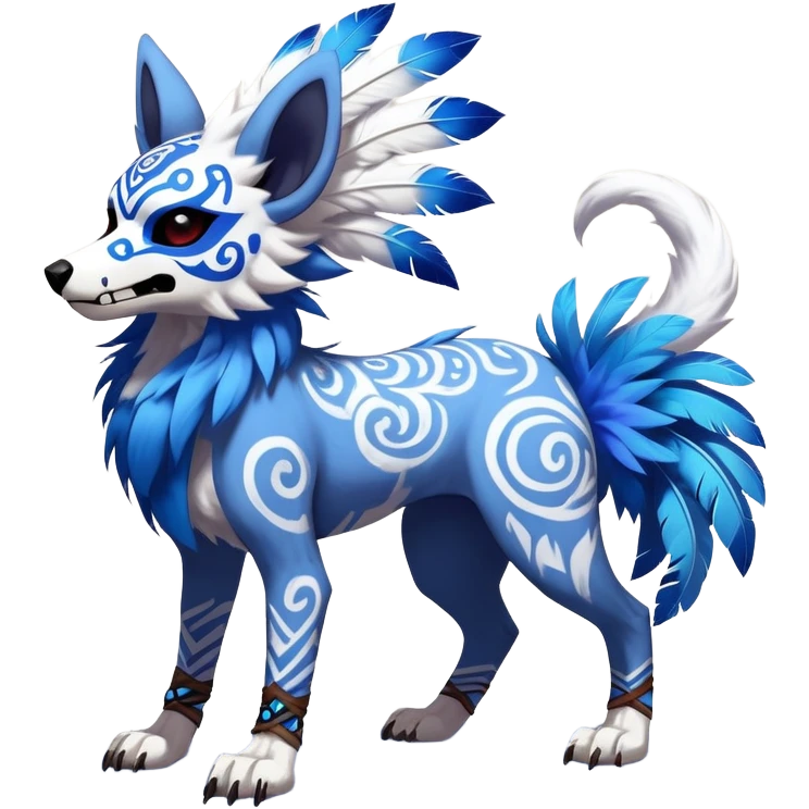 Furry cute colorful exotic tribal feral anime-styled Fakémon-Pokémon-animal-creature with a skull mask, and blue feathers around neck, and blue feathers, with long furry ears, long furry tail, 4 legs, (full body), with intricate pattern-markings, skulldog, sparkledog, fursona, skullwolf  emoji