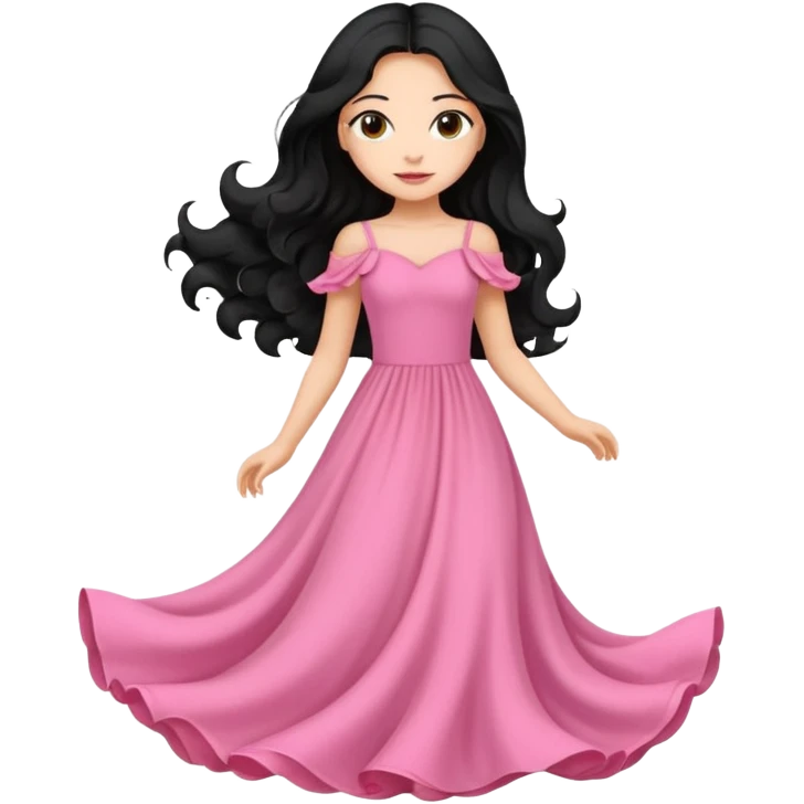 Uma menina com vestido longo rosa e cabelo longo preto ondulado emoji