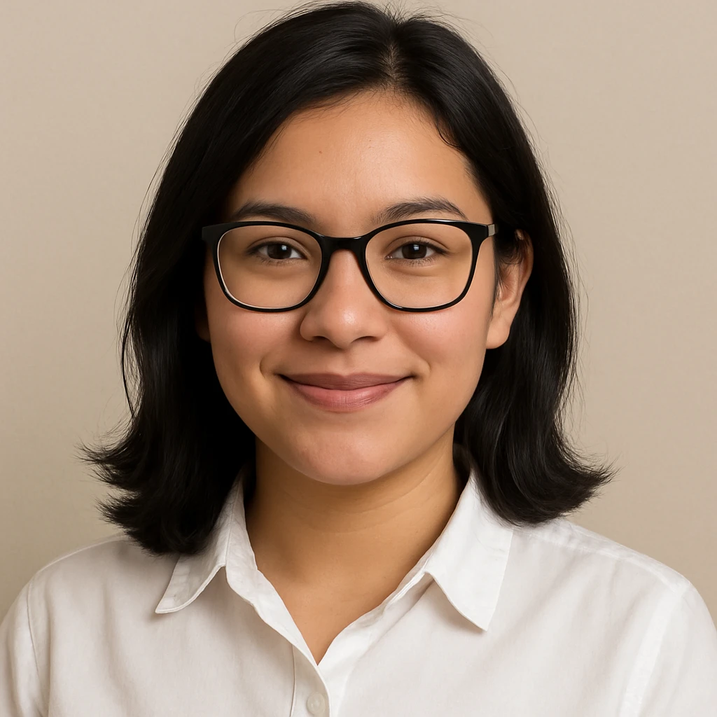 upper body portrait of a girl with medium black hair, black glasses, light tan skin, white collared shirt, friendly expression, plain background emoji