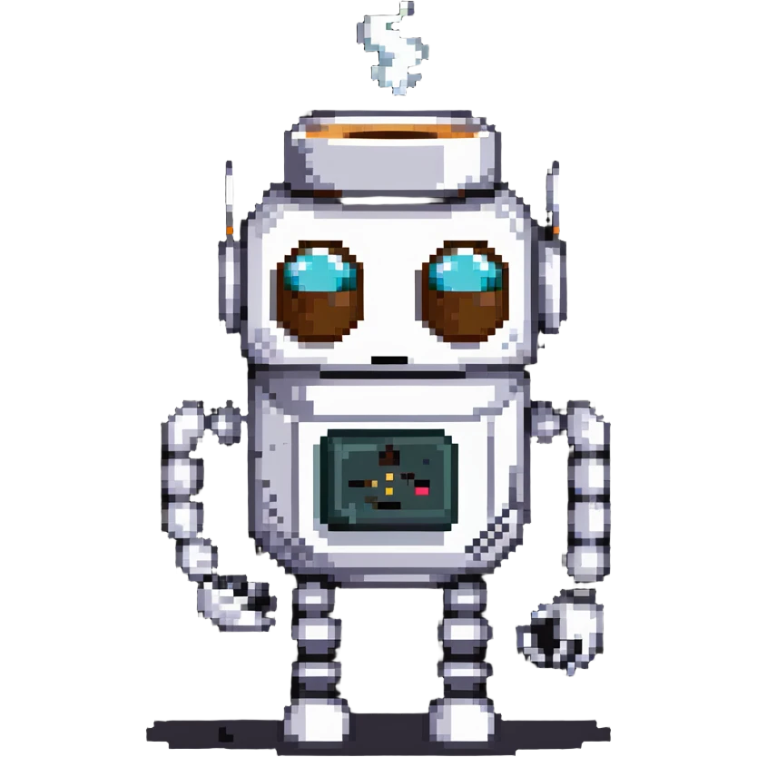 A sleepy robot with droopy eyes holding a coffee mug, looking exhausted emoji