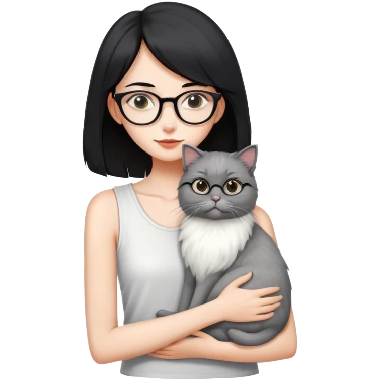 Skinny woman with oval glasses, shoulder length straight black hair, wearing white sleeveless top, hugging a grey Persian-Angora cat, plain background emoji