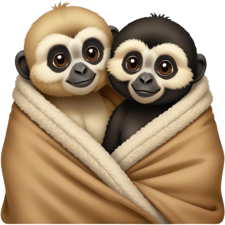 Two gibbons, one black and one tan, cozy snuggling in a blanket, cute Disney-style  emoji