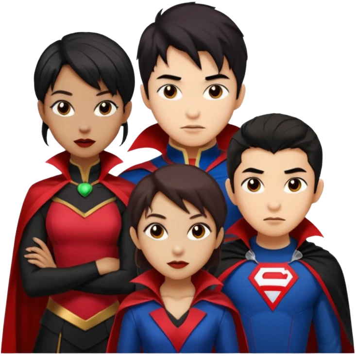 Solo poly platonic relationship, one is south African girl, one is Asian boy, one is biracial features Asian tomboy girl, vampire and marvel cosplay elements inspired. emoji