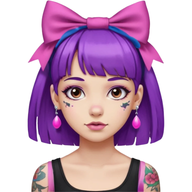 girl with bangs and purple hair and pink hairbow on the side of head and earrings and tattoos emoji