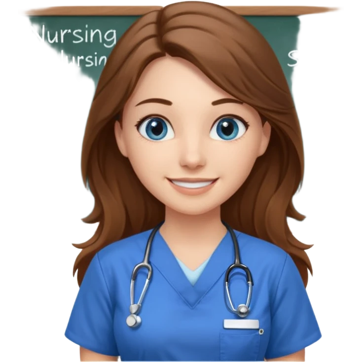 inside a classroom at university that says nursing school on the board with a pretty female nursing student with long brown hair, blue eyes emoji