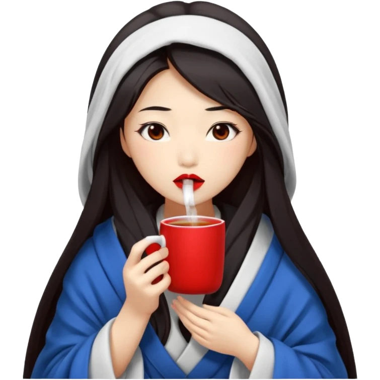 sexy asian japanese girl, red lips, long dark hair, feeling ill, sickness, nose is red due to sickness, fully covered by blanket - even head, holding tea mug in hands emoji