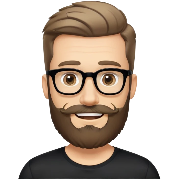 Caucasian man with complete beard, short hair styled up, large black eyeglasses, cheerful expression, black athletic shirt emoji