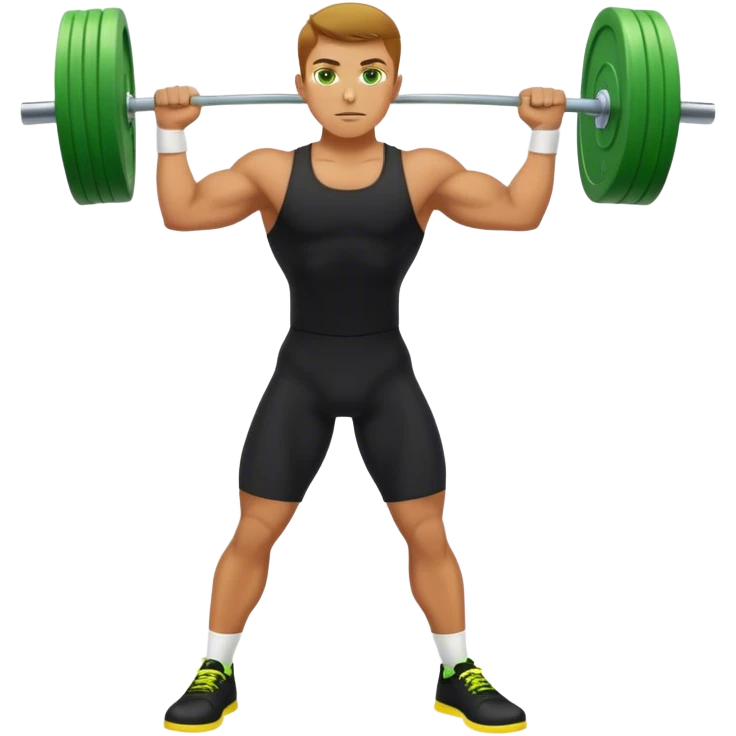 tanned guy green eyes black clothes yellow shoes clean and jerk exercise emoji