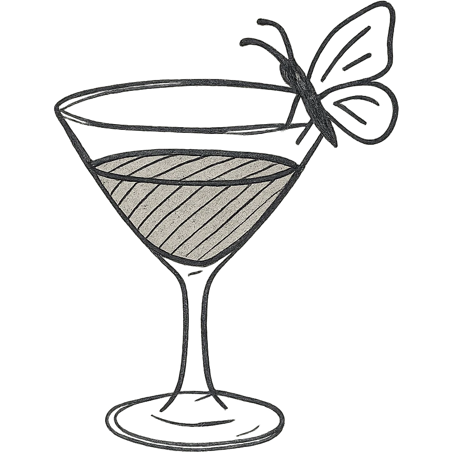cocktail glass with burgundy drink and a butterfly perched on the rim, hand drawn style emoji