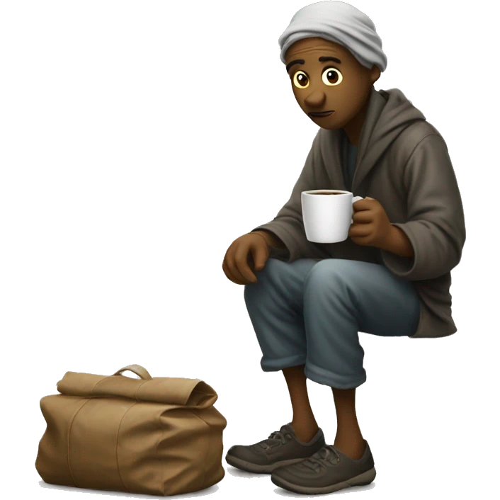 a beggar asking for money with a coffe emoji