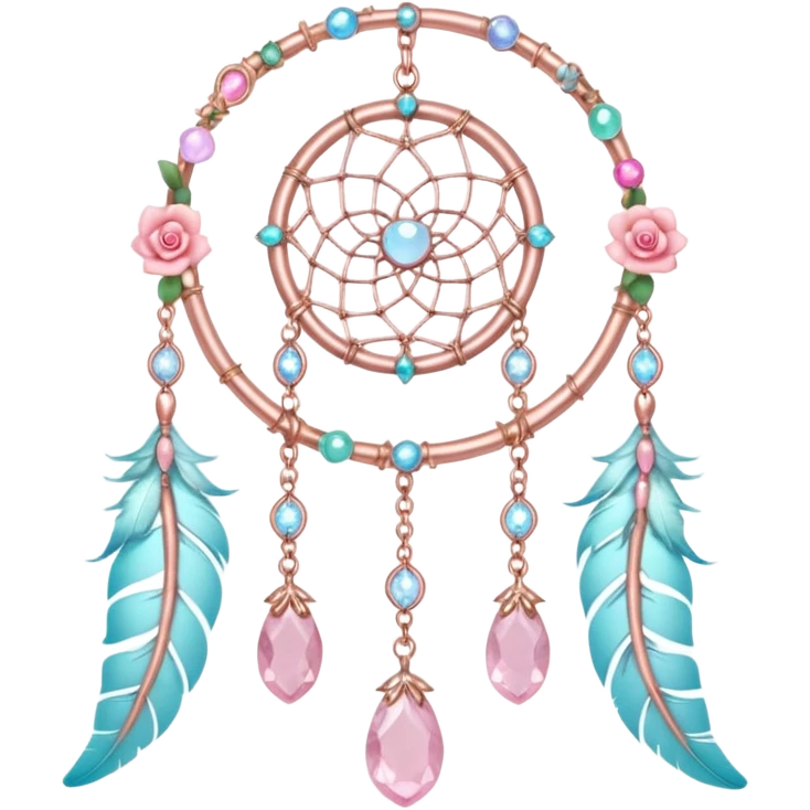 Rosy shiny glossy sparkly romantic pastel crescent damask moon with rose quartz pastel vines pastel gems pastel beads with feathers and chains  suncatcher-dreamcatcher emoji