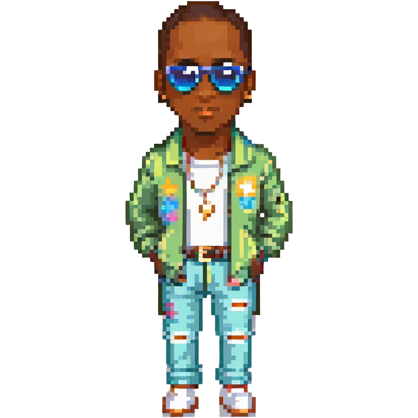 Diddy, the famous rapper and music producer, depicted in a fun and recognizable way, with sunglasses and stylish clothing, pixel art style emoji