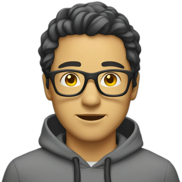 White man with yellow tinted glasses and black hair in a gray hoodie emoji