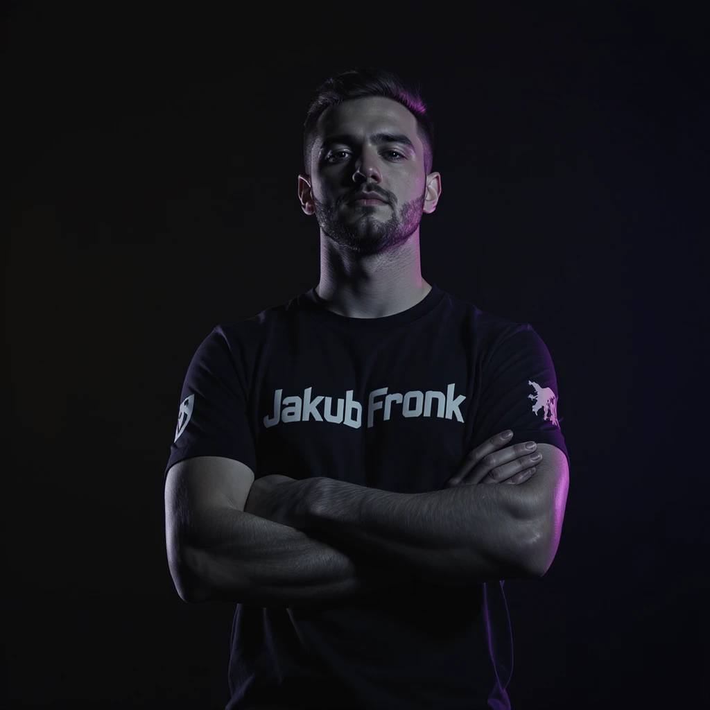 Csgo pro player profile proffesional photo, low key light back light, man standing crossed hands with tshirt with text "Jakub Fronk" emoji