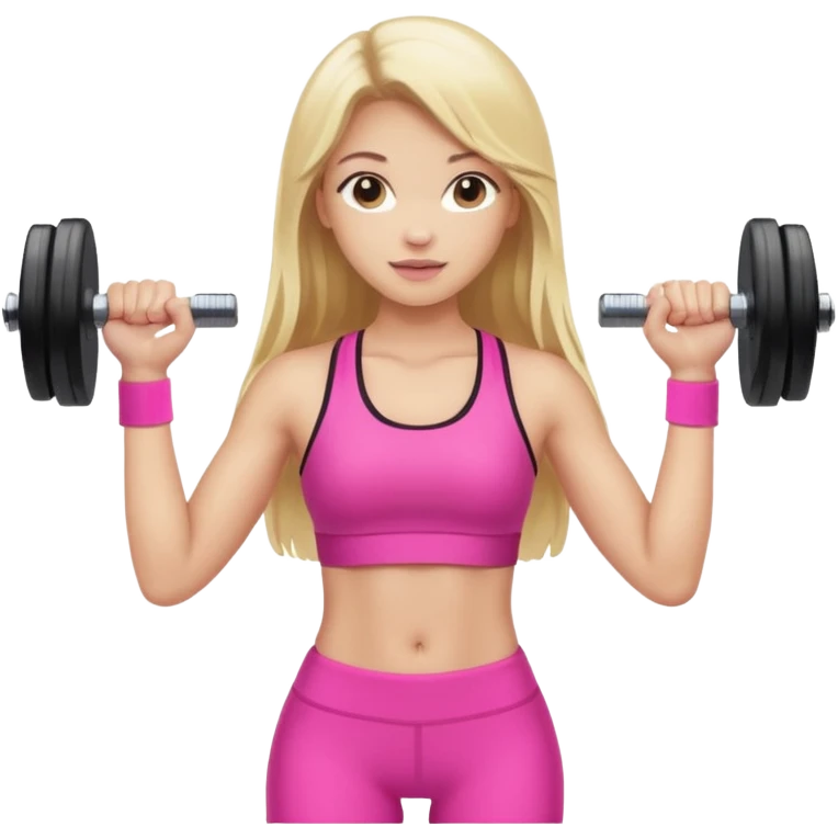beautiful girl with brown hairs in sport wear in her hands is dumbbells her skin was light and hairs too and her sport wear was pink  her hair was long and blonde  emoji