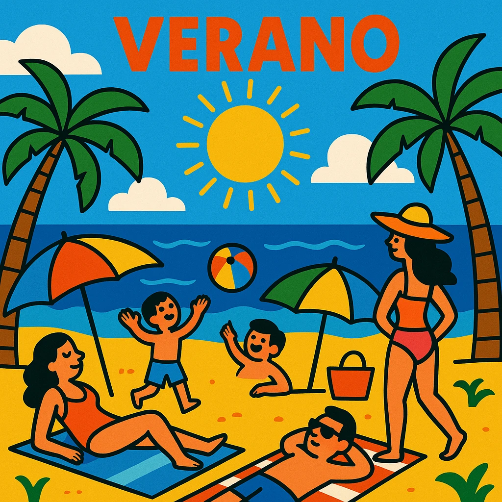 verano, summer, bright sun, beach, vibrant colors, cartoon style emoji