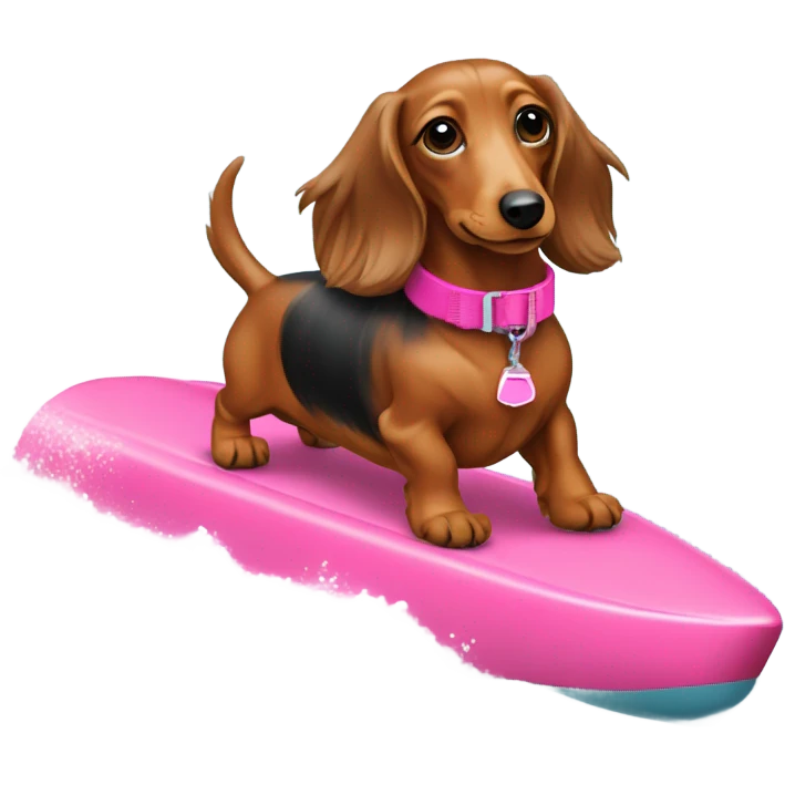 Long haired miniature dachshund red colour with pink collar waterskiing emoji