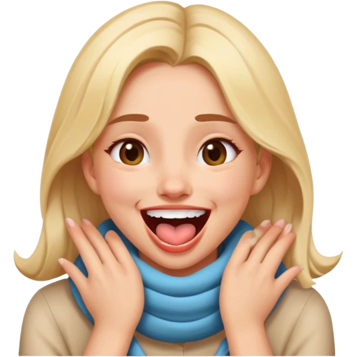 expressive face girl with her hands wrapped around her own neck, laughing, tongue out emoji