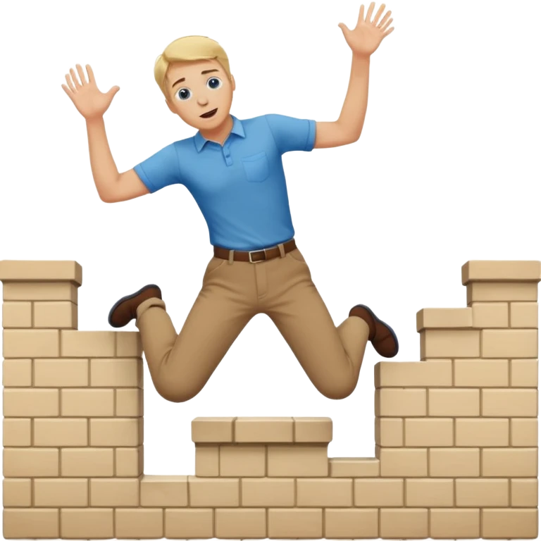 Blonde man with blue eyes wearing brown trousers and cream shirt jumping over a wall emoji