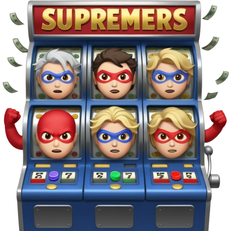 disheveled super heros losing money at a slot machine, panicked face, coins flying emoji