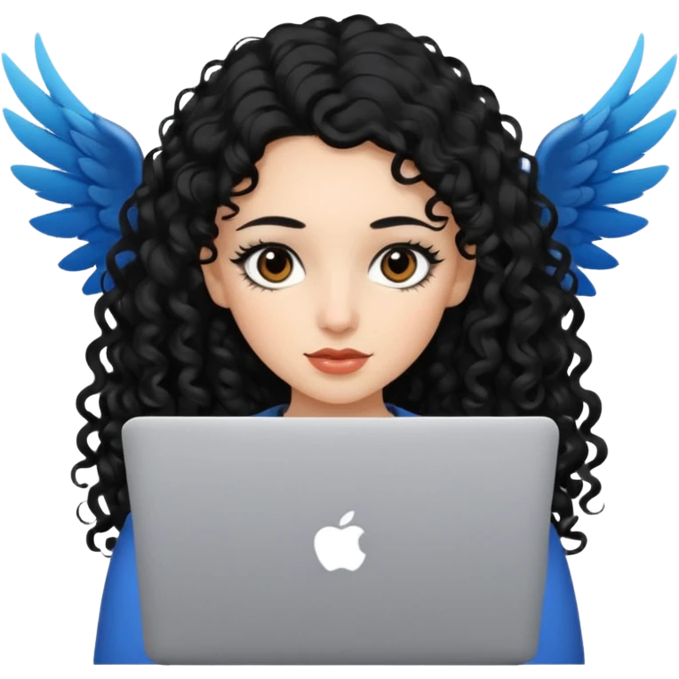 a girl using the mac book air with long black curly hair and brown eyes with winged black eyeliner emoji