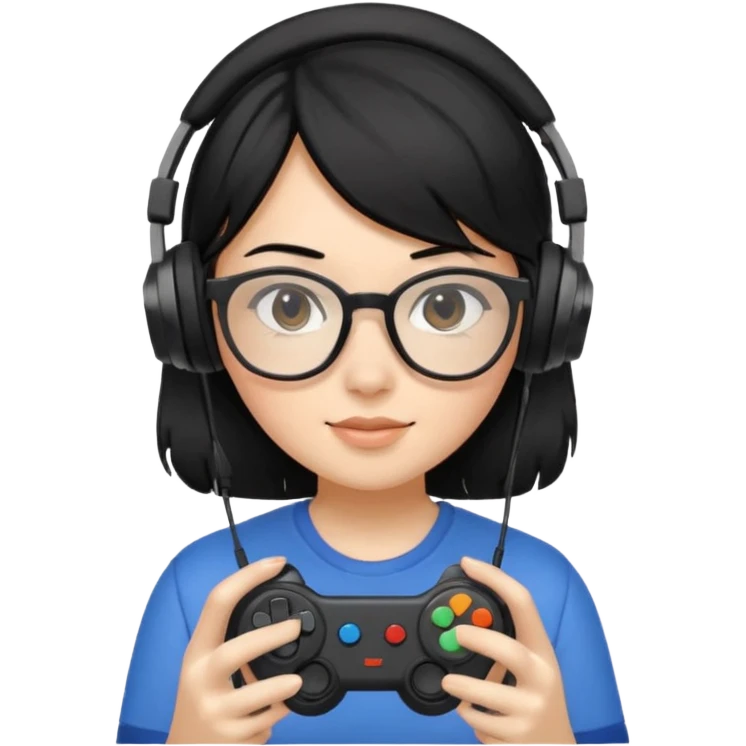 
gamer, black hair girl with glasses, headphone, gamepad emoji