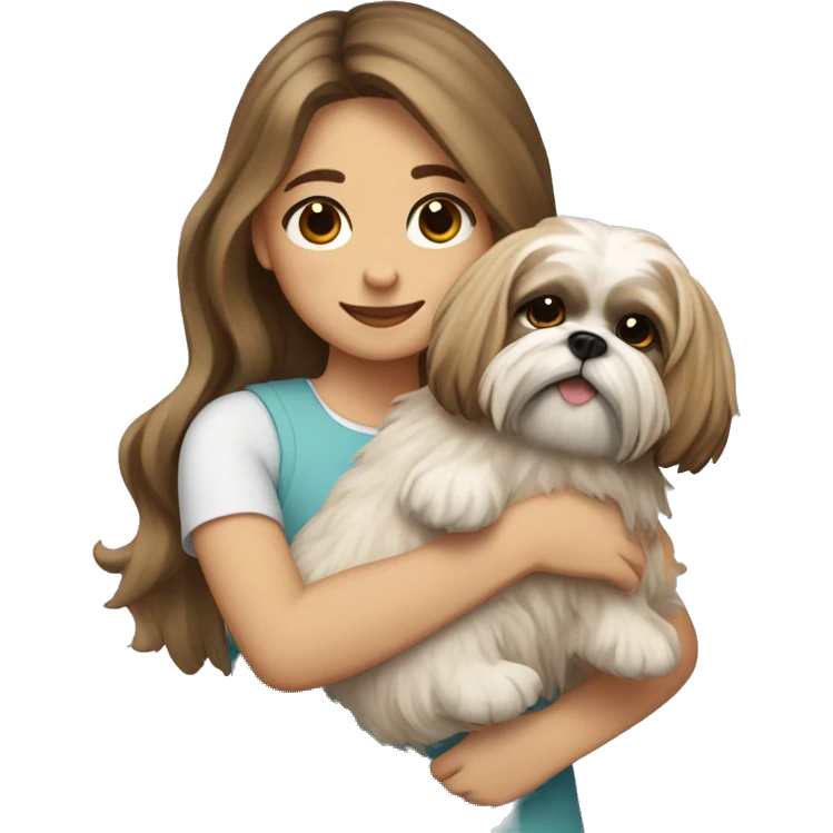 a girl with long, wavy brunette hair hugging a Shih Tzu with blonde fur and a cute bow emoji