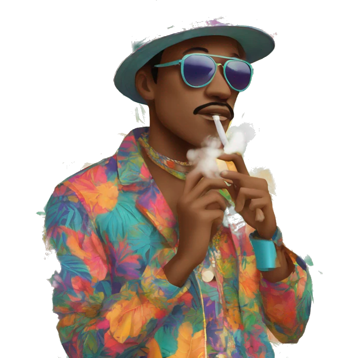 Person vaping wearing a colourful vibrant tropical patchwork of intricate vintage patterns, vape emoji