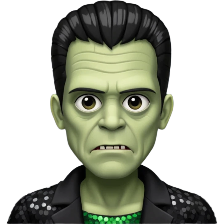 Frankenstein from Universal Monsters with grey green skin, jet black hair, black sequin outfit  emoji