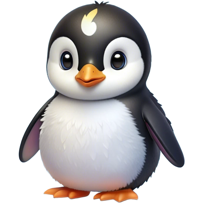 Cinematic Cute Baby Penguin Portrait Emoji, Head tilted playfully and inquisitively, with irresistibly fluffy plumage accented by a tiny beak and round, sparkling eyes filled with wonder, Simplified yet irresistibly adorable features, highly detailed, glowing with a warm, friendly polar glow, high shine, affectionate and lively, stylized with a touch of whimsical charm, bright and endearing, soft glowing outline, capturing the essence of a mischievous yet loving penguin that feels like it could slide out of the screen into your arms! emoji