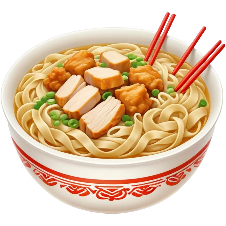 Xinjiang Big Plate Chicken Noodles with wide hand-pulled noodles and chicken chunks, simplified emoji style with bold outlines and bright colors, cartoon style Da Pan Ji with noodles emoji