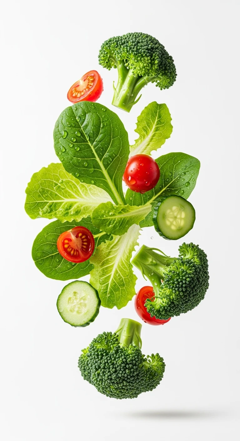 INSALATA E BROCCOLI FLUTTUANO IN ARIA, iperrealistico 4k, ISOLATA SU SFONDO BIANCO emoji