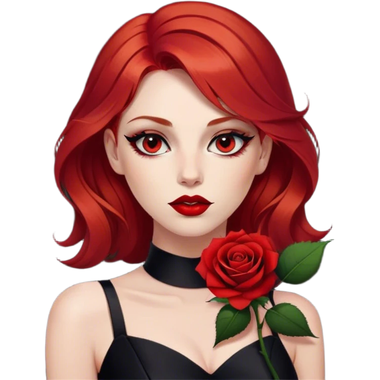 a beautiful angry woman with red hair and red eyes. The woman wear a black little cutted dress. She have red lipstick and she have a seductive look. She have a rose flower in her hair emoji
