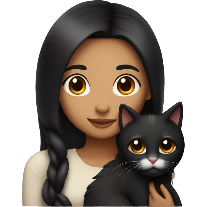 pretty woman with very long black hair and caramel skin hugging a cat emoji